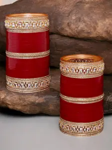 LUCKY JEWELLERY Women Maroon & White Stone Studded Bridal Wedding Set Of 2 Bangle Set