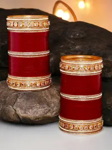 LUCKY JEWELLERY Gold-Toned Maroon Kundan Studded  Bangle Set