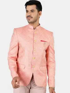Wintage Men Pink Woven Design Single Breasted Bandhgala Blazer