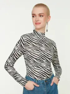 Trendyol Women Black & White Animal Printed High Neck Top