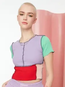 Trendyol Women Lavender & Green Colourblocked Crop Top
