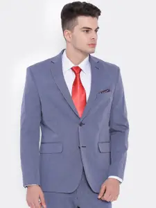 SUITLTD Men Blue Textured Slim Fit Single-Breasted Formal Pure Cotton Blazer