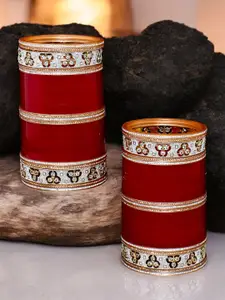 LUCKY JEWELLERY Gold-Plated Maroon Stone-Studded Chura Bangle Set