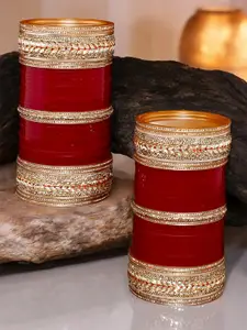 LUCKY JEWELLERY Maroon & White 2 Stone Studded Bangles