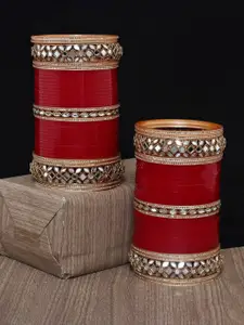 LUCKY JEWELLERY Gold-Toned & Maroon 2 Stone Gold-Plated Studded Bangles