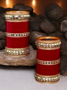 LUCKY JEWELLERY Maroon & White Stone Studded Bangles Set