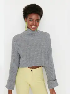 Trendyol Women Grey Ribbed Cotton Crop Pullover