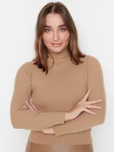 Trendyol Women Camel Brown Cable Knit Striped Pullover