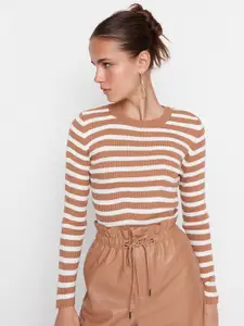 Trendyol Women Camel Brown & White Striped Pullover