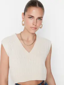 Trendyol Women Beige Cable Knit Crop Sweater Vest