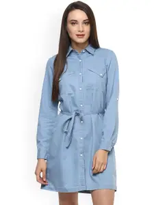 StyleStone Women Blue Denim Knee Length Shirt Dress