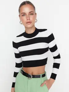 Trendyol Women Black & White Striped Crop Pullover