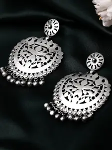 Rubans Silver Oxidised Drop Earrings With Elegantly Carved Design