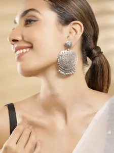 Rubans Oxidised Silver-Plated Cutwork Dome Chandbali Earrings with Beaded Detailing