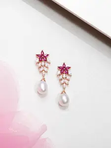 Zavya 925 Sterling Silver Rose Gold-Plated & Pink Floral Drop Earrings