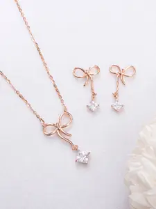 Zavya Women 925 Sterling Silver Rose Gold CZ-Studded Rhodium-Plated Necklace with Earrings