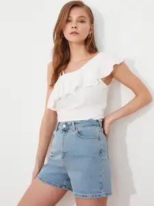 Trendyol Women Blue Solid Pure Cotton Denim Shorts