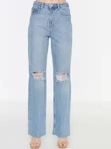 Trendyol Women Blue Straight Fit Slash Knee Heavy Fade Jeans