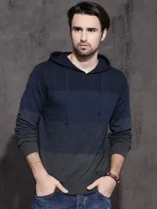 Roadster Men Navy Blue & Grey Colourblocked Pullover Sweater