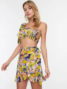 Trendyol Women Multicoloured Printed Crop Top with Skirt