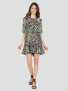DRIRO Beige & Black Zebra Print Crepe Drop-Waist Mini Dress