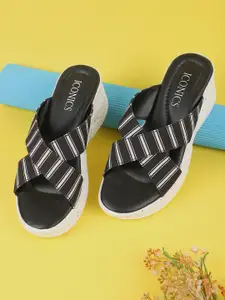 ICONICS Black Striped Wedge Sandals with Buckles