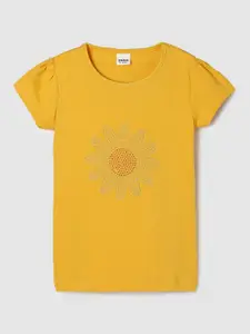 max Girls Yellow Printed Round Neck T-shirt