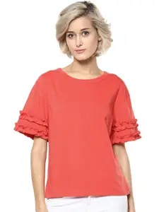 Harpa Women Coral Red Solid Pure Cotton Top