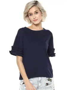 Harpa Women Navy Solid Pure Cotton Top