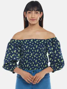 People Navy Blue & Green Geometric Print Off-Shoulder Bardot Top