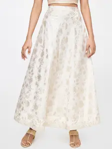 Global Desi Women Off White Gold-toned Printed Flared Maxi Skirt