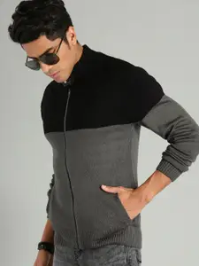 Roadster Men Black & Charcoal Grey Colourblocked Cardigan Sweater