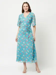 SQew  Women Blue Floral Chiffon Midi Dress
