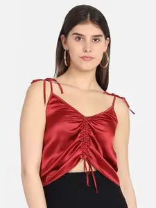 MARZENI Women Maroon Solid Satin Crop Top With Gathered Detailing