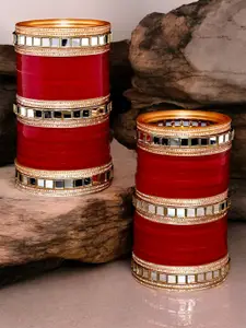 LUCKY JEWELLERY Gold-Plated Maroon Stone-Studded Chura Bangle Set