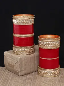 LUCKY JEWELLERY Pack of 2 Red & White CZ Stone Studded Punjabi Chura Bridal Bangle Set
