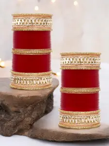 LUCKY JEWELLERY Pack of 2 Red & White CZ Stone Studded Punjabi Chura Bridal Bangle Set