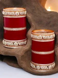 LUCKY JEWELLERY Maroon & White CZ Stone Studded Bangles Set