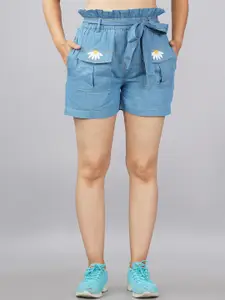 SUMAVI-FASHION Women Blue Embroidered High-Rise Denim Shorts