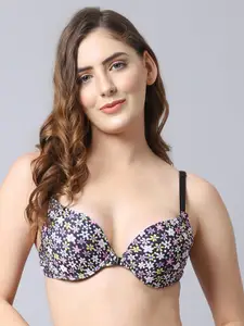 PrettyCat Black & Pink Floral Bra Underwired Heavily Padded