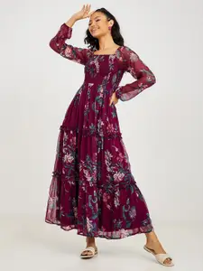 Styli Burgundy Long Sleeves Floral Print A-Line Maxi Dress with Ruffle Detail