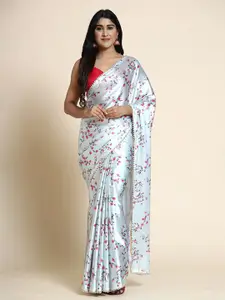 AVANSHEE Grey & Red Printed Floral Satin Saree