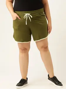 theRebelinme Plus Size Women Olive Green Solid High-Rise Shorts