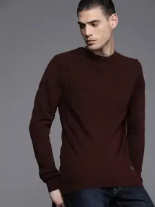 WROGN Men Maroon Striped Pullover Sweater
