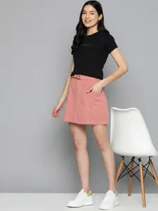 Mast & Harbour Women Pure Cotton Denim Mini Skirt With Belt