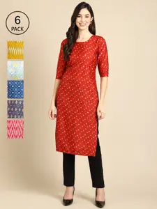 KALINI Women Pack Of 6  Red & Pink Geometric Printed Thread Work Block Print Crepe Kurta