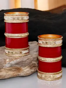 LUCKY JEWELLERY Maroon Stone-Studded Punjabi Chura Bridal Wedding Bangle Set
