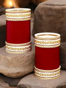 LUCKY JEWELLERY Maroon & White Stone-Studded Bangle Set