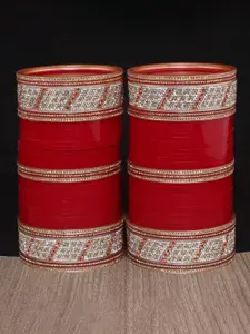 LUCKY JEWELLERY Red & White CZ Studded Chura Bangle Set
