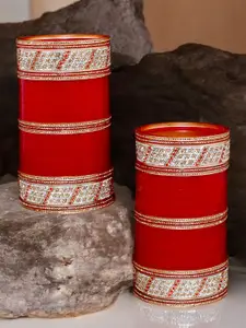 LUCKY JEWELLERY Red & White CZ Studded Chura Bangle Set